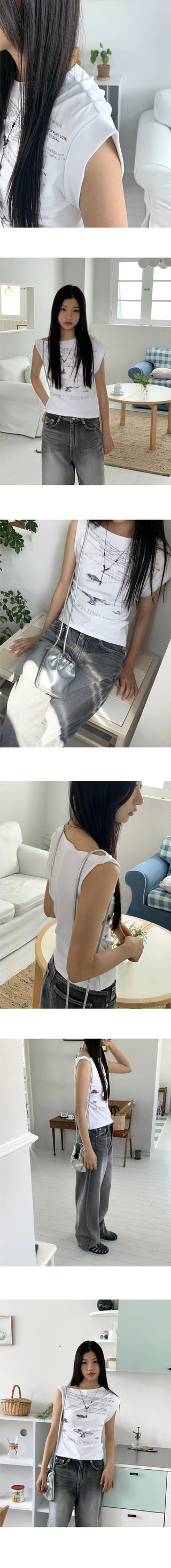 Pebble Hip Lettering Unbalanced Sleeve Sleeveless