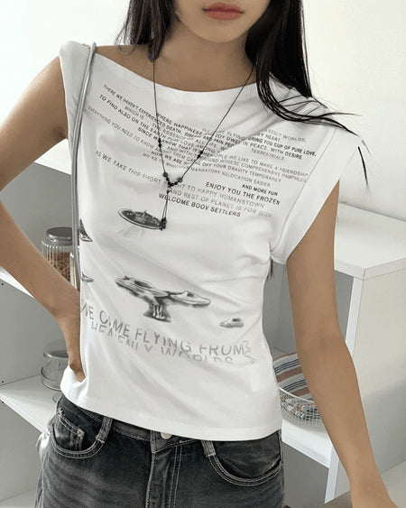 Pebble Hip Lettering Unbalanced Sleeve Sleeveless