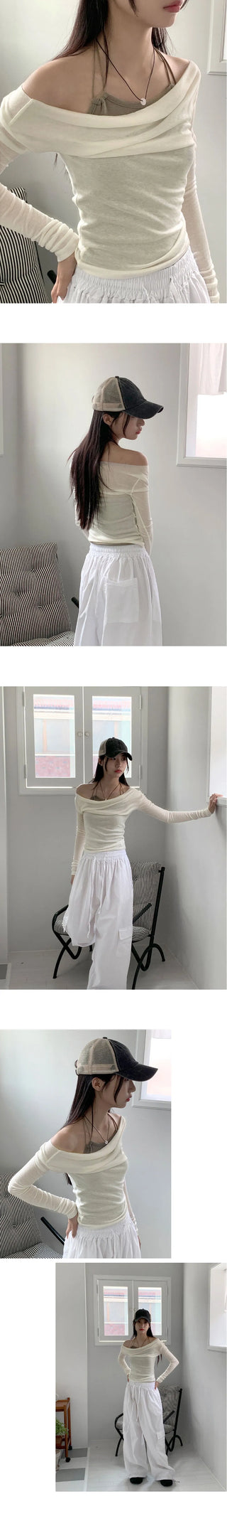 Newel Modal Draping Ballet Core Off Shoulder Long Sleeve T-shirt