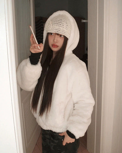 Tsuha fur hooded lining quilted Loose-fit zip-up jacket