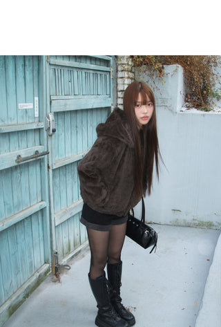 Tsuha fur hooded lining quilted Loose-fit zip-up jacket