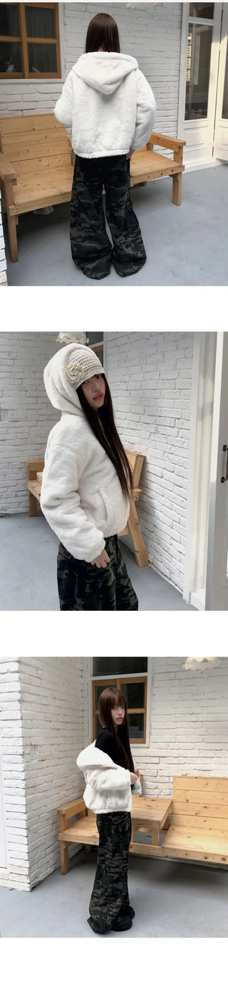 Tsuha fur hooded lining quilted Loose-fit zip-up jacket