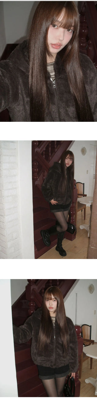 Tsuha fur hooded lining quilted Loose-fit zip-up jacket