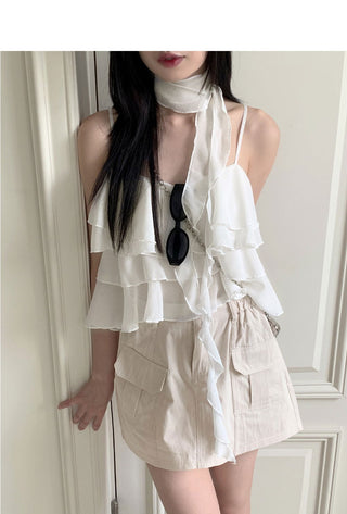 Olu Scarf Set Chiffon Cancan Frill Sleeveless Blouse