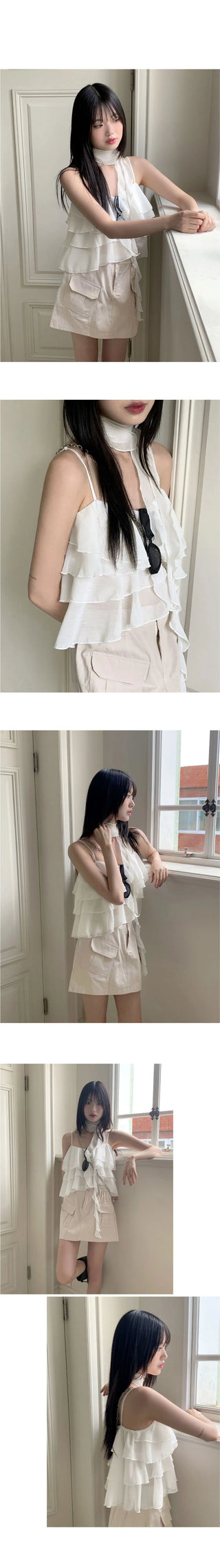 Olu Scarf Set Chiffon Cancan Frill Sleeveless Blouse
