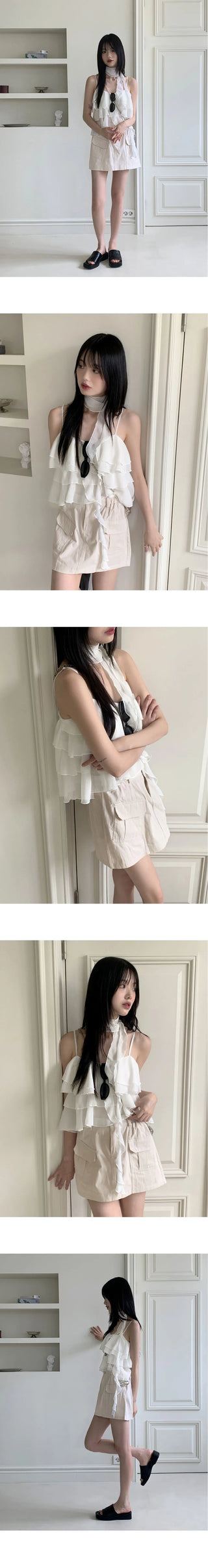 Olu Scarf Set Chiffon Cancan Frill Sleeveless Blouse