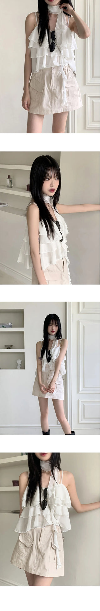 Olu Scarf Set Chiffon Cancan Frill Sleeveless Blouse