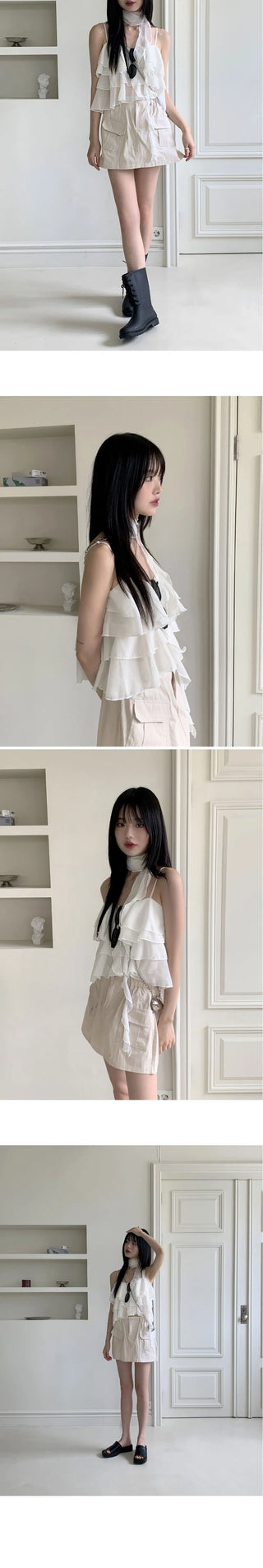Olu Scarf Set Chiffon Cancan Frill Sleeveless Blouse