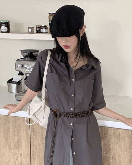 Rest Shirt Pocket Split Long Short Sleeve Dress