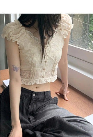 Illum mother-of-pearl punching Split cropped short-sleeved blouse