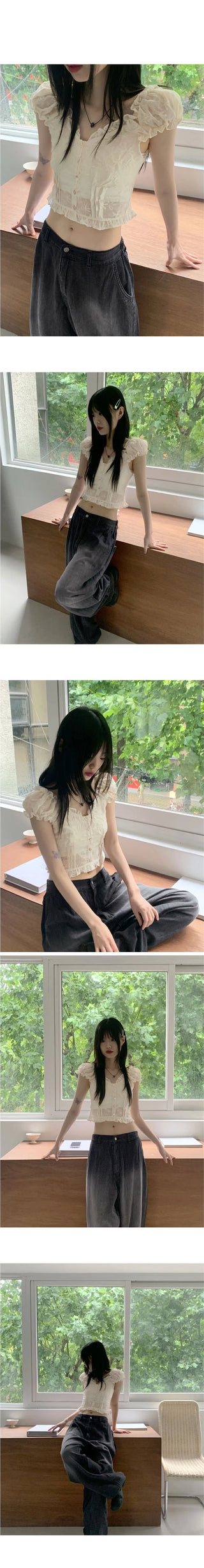 Illum mother-of-pearl punching Split cropped short-sleeved blouse