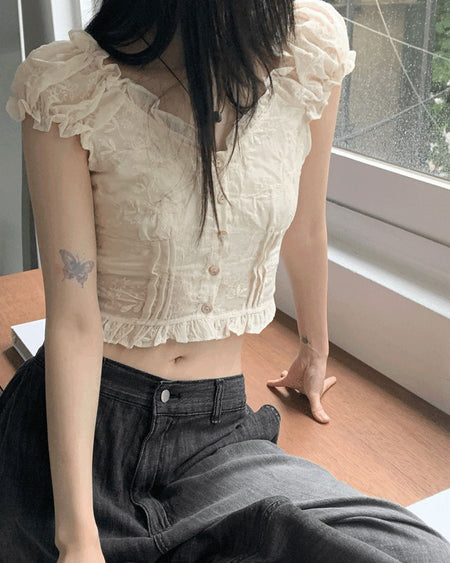 Illum mother-of-pearl punching Split cropped short-sleeved blouse