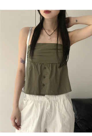 Under polf button shirring cotton tank top tube top