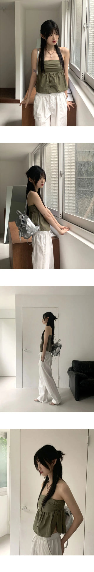 Under polf button shirring cotton tank top tube top