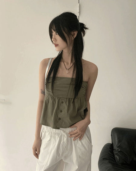 Under polf button shirring cotton tank top tube top