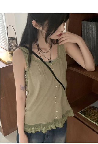 Pohi Vintage Lace Wood Button Sleeveless