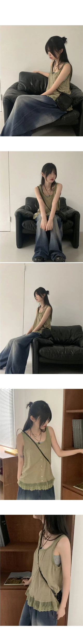 Pohi Vintage Lace Wood Button Sleeveless