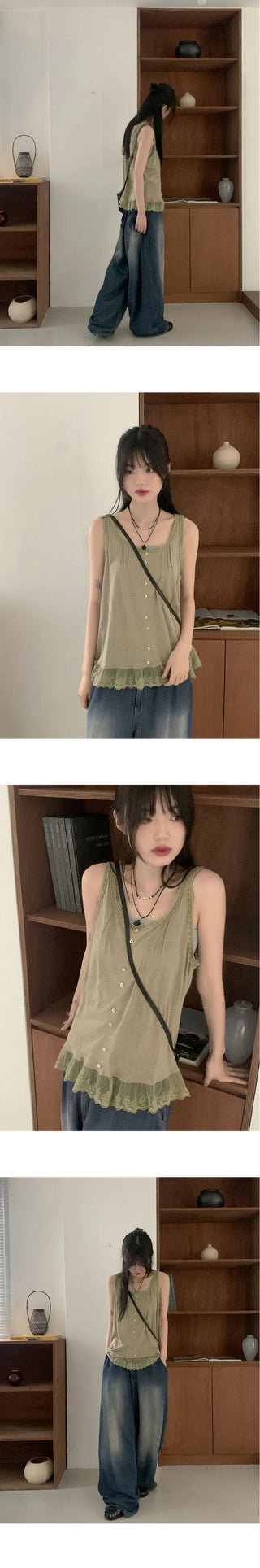Pohi Vintage Lace Wood Button Sleeveless
