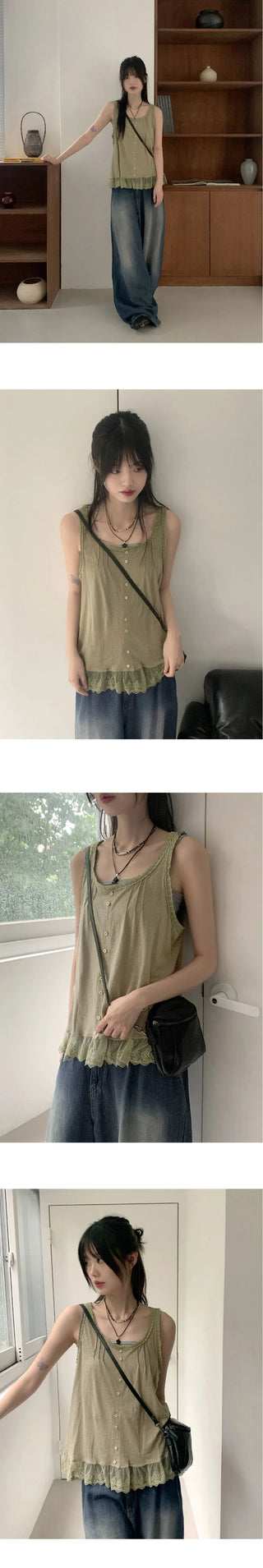 Pohi Vintage Lace Wood Button Sleeveless