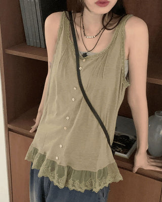 Pohi Vintage Lace Wood Button Sleeveless