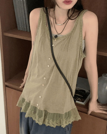 Pohi Vintage Lace Wood Button Sleeveless