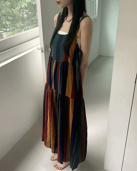 Horner Hippie Bohemian Stripe Sleeveless Long Dress