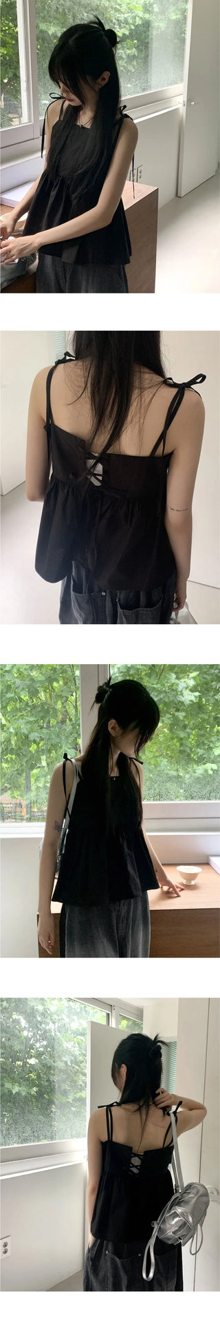 Pocon Shirring Ribbon String Corset Sleeveless Blouse
