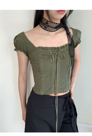 Tabl Green Corset Two-Way Off-Shoulder Short-Sleeve Blouse
