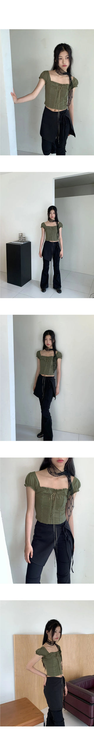 Tabl Green Corset Two-Way Off-Shoulder Short-Sleeve Blouse