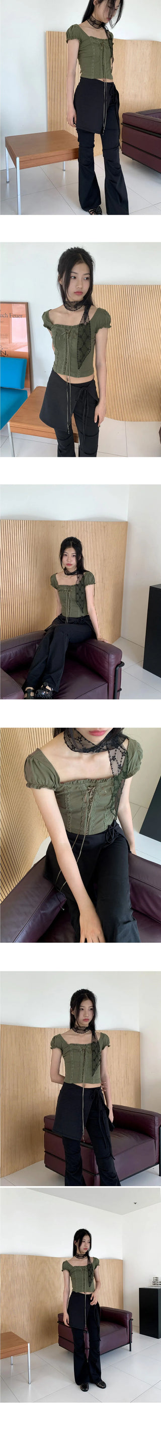 Tabl Green Corset Two-Way Off-Shoulder Short-Sleeve Blouse