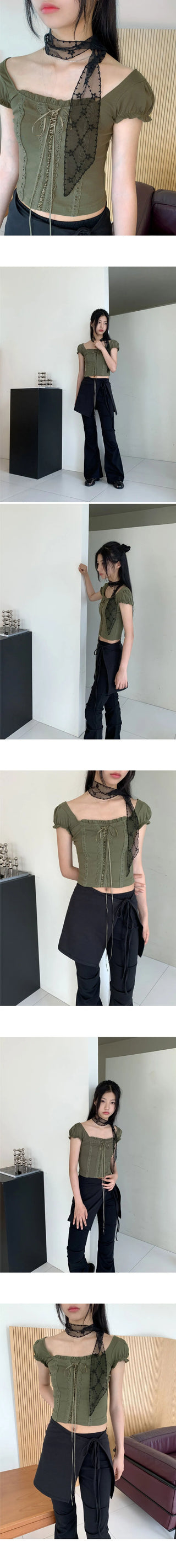 Tabl Green Corset Two-Way Off-Shoulder Short-Sleeve Blouse
