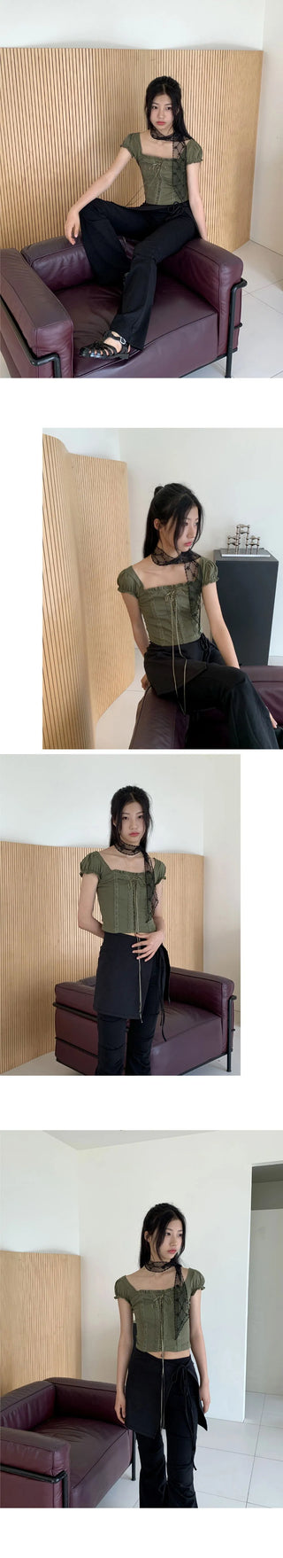 Tabl Green Corset Two-Way Off-Shoulder Short-Sleeve Blouse