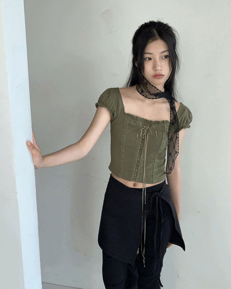 Tabl Green Corset Two-Way Off-Shoulder Short-Sleeve Blouse