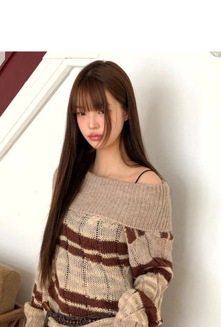 Nia Striped Striped Off-Shoulder Overfit Long-Sleeve Knitwear