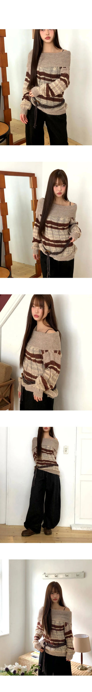 Nia Striped Striped Off-Shoulder Overfit Long-Sleeve Knitwear