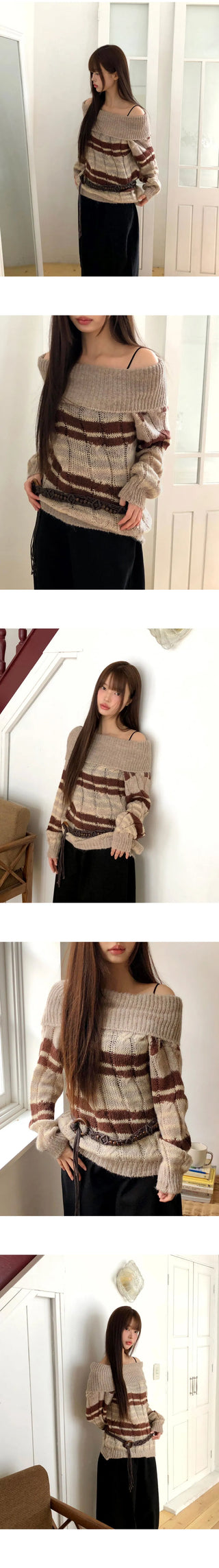 Nia Striped Striped Off-Shoulder Overfit Long-Sleeve Knitwear