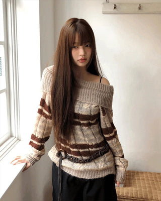 Nia Striped Striped Off-Shoulder Overfit Long-Sleeve Knitwear