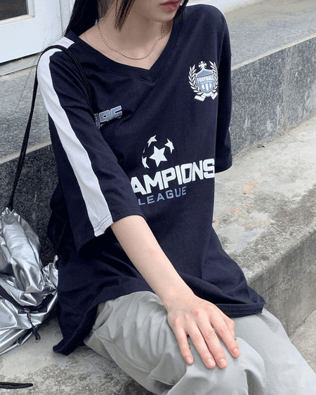 Leaguer uniform color scheme sporty V-Neck Boxy -sleeved T-shirt