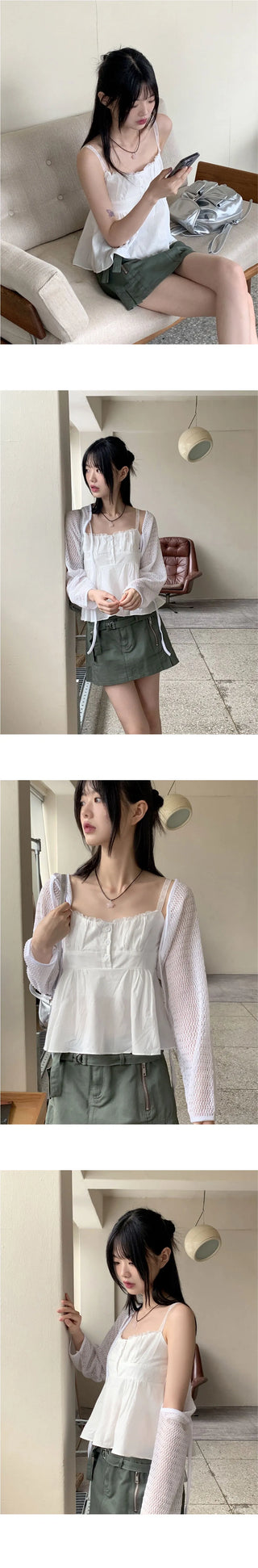 Blena Heart Strap Button Lace Cropped Sleeveless Blouse