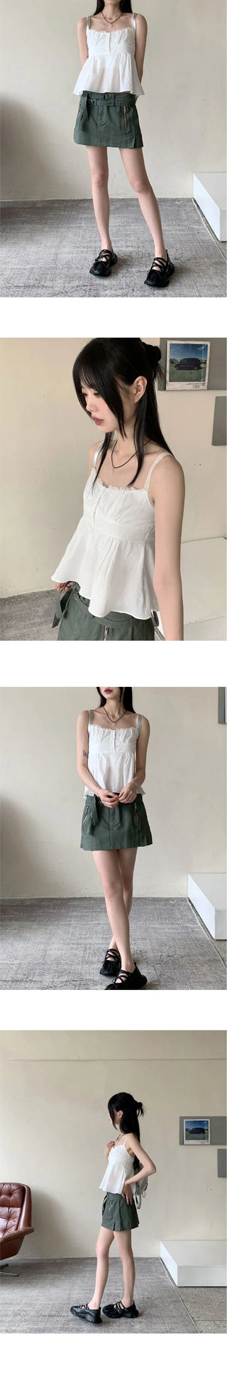 Blena Heart Strap Button Lace Cropped Sleeveless Blouse