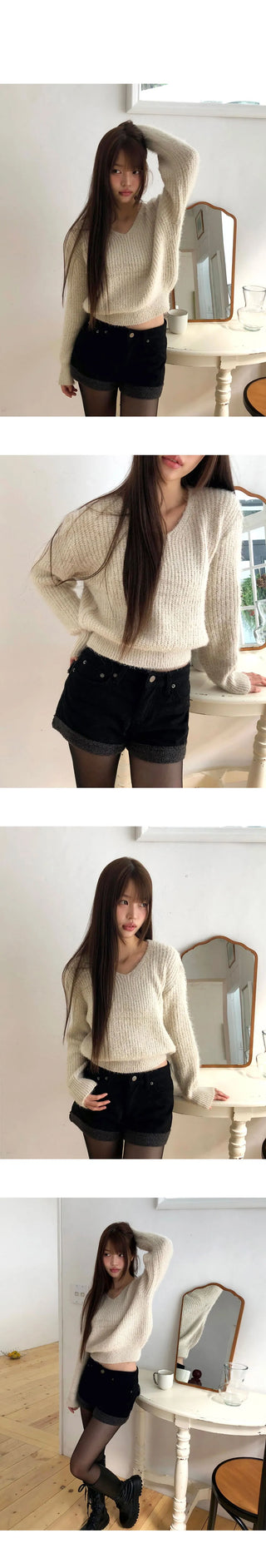 Pimin Angora V-Neck Long-Sleeve Knitwear