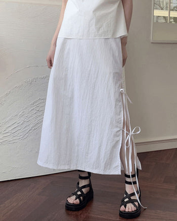 Loading Side Ribbon String Side Slit Back Banding Nylon Long Skirt