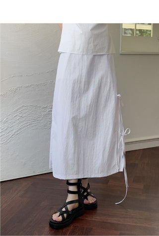 Loading Side Ribbon String Side Slit Back Banding Nylon Long Skirt