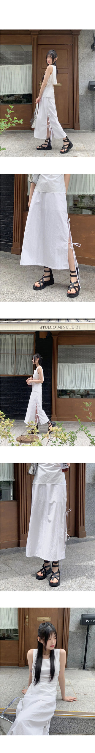 Loading Side Ribbon String Side Slit Back Banding Nylon Long Skirt