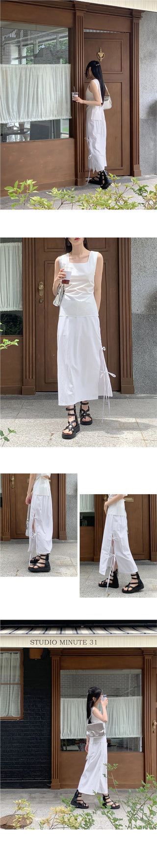 Loading Side Ribbon String Side Slit Back Banding Nylon Long Skirt