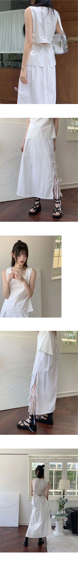 Loading Side Ribbon String Side Slit Back Banding Nylon Long Skirt