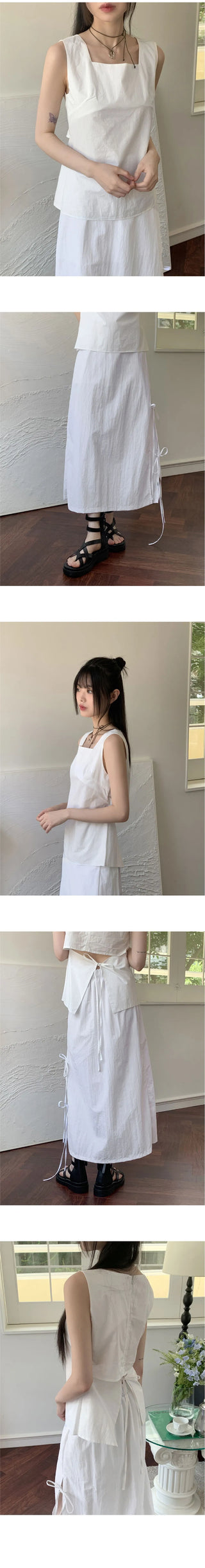 Loading Side Ribbon String Side Slit Back Banding Nylon Long Skirt