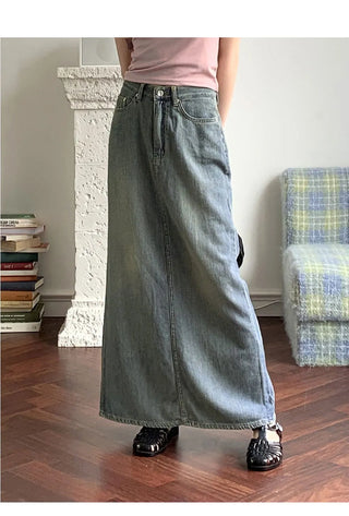 Hotty Vintage Faded Summer Denim Maxi Long Skirt