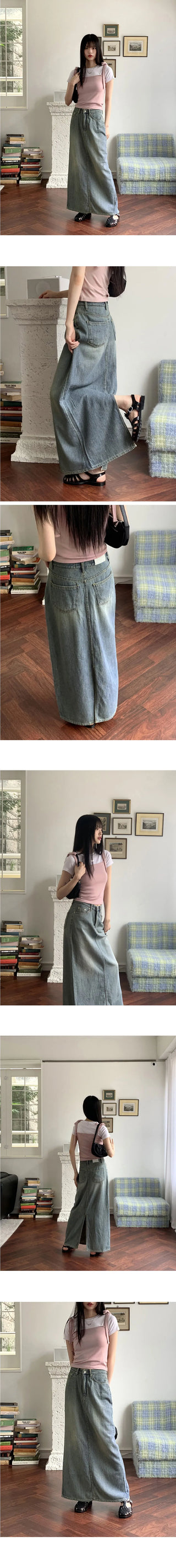 Hotty Vintage Faded Summer Denim Maxi Long Skirt