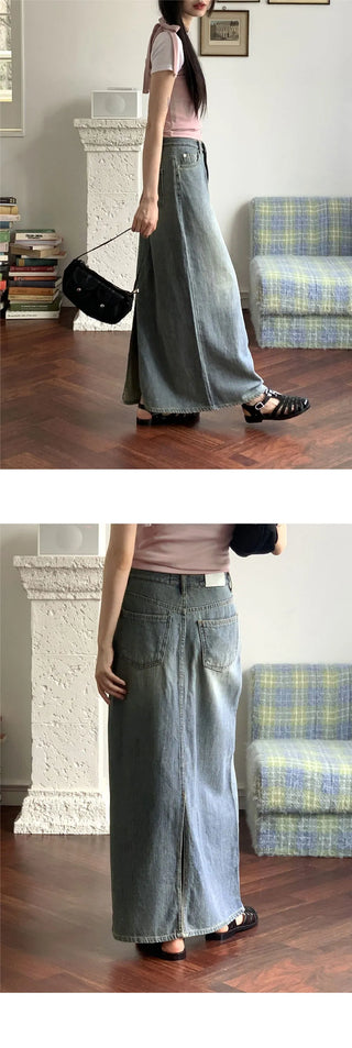 Hotty Vintage Faded Summer Denim Maxi Long Skirt
